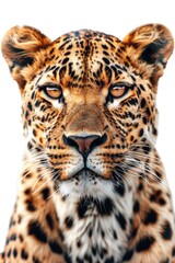 Fototapeta premium Close up of a leopard's face on a white background. Suitable for wildlife and animal themes