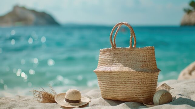 A straw bag resting on a sandy beach, perfect for travel websites