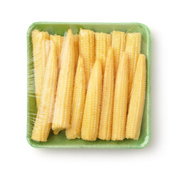 Fresh baby corn in packaging tray