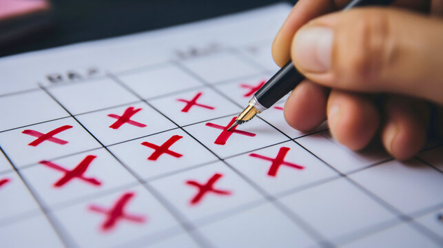 Businessman drawing a red x sign with pen in hand, mark or symbol on a date in a month. Event countdown, start or end of a time period, daily task moving forward in the future, beginning, anticipation