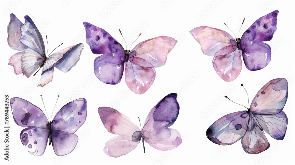Poster four delicate watercolor butterflies on a plain white background. ideal for various design projects