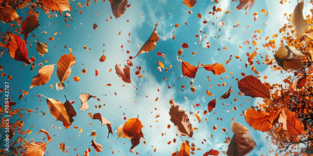 Poster a captivating image of leaves floating in the air. perfect for nature-themed designs