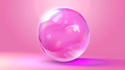 Realistic 3d pink transparent soap ball. Rainbow water bubble with foam texture. Magic iridescent sphere design of wash soapy element. Dream bokeh laundry illustration with sparkle isolated on white.