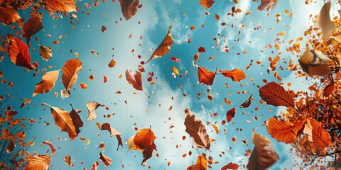 A captivating image of leaves floating in the air. Perfect for nature-themed designs