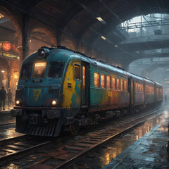 Naklejka premium Retro style steam locomotove at train station