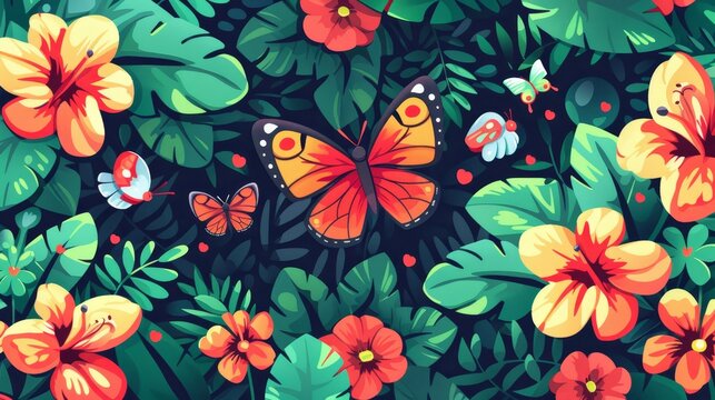 This floral pattern features butterflies, ladybirds, and flowers