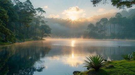 A serene lakeside at dawn, with gentle mist hovering over the water.