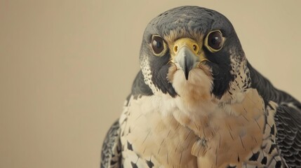 Fototapeta premium closeup photorealistic Nikon photo of an Australian peregrine falcon against a cream background.