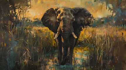 Oil painting elephant wallpaper the symbol of power and power of greatness.