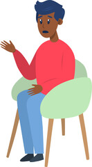 Psychotherapy session - black man talking to psychologist sitting on chair. Mental health concept, vector illustration in flat style