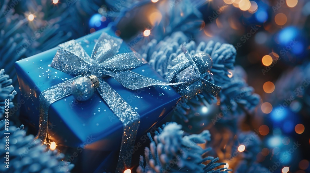 Poster A festive blue gift box placed on a Christmas tree. Perfect for holiday designs