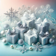 Fototapeta na wymiar Frosty Gradient Elegance in Christmas time, small, shimmering silver gift boxes with delicate white bows are arranged in a cascading pattern, all within a blue icy entourage.