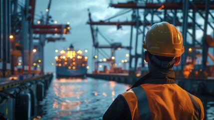 A male worker with a helmet on his back looks at a large container warehouse ship leaving the warehouse pier with a large crane.