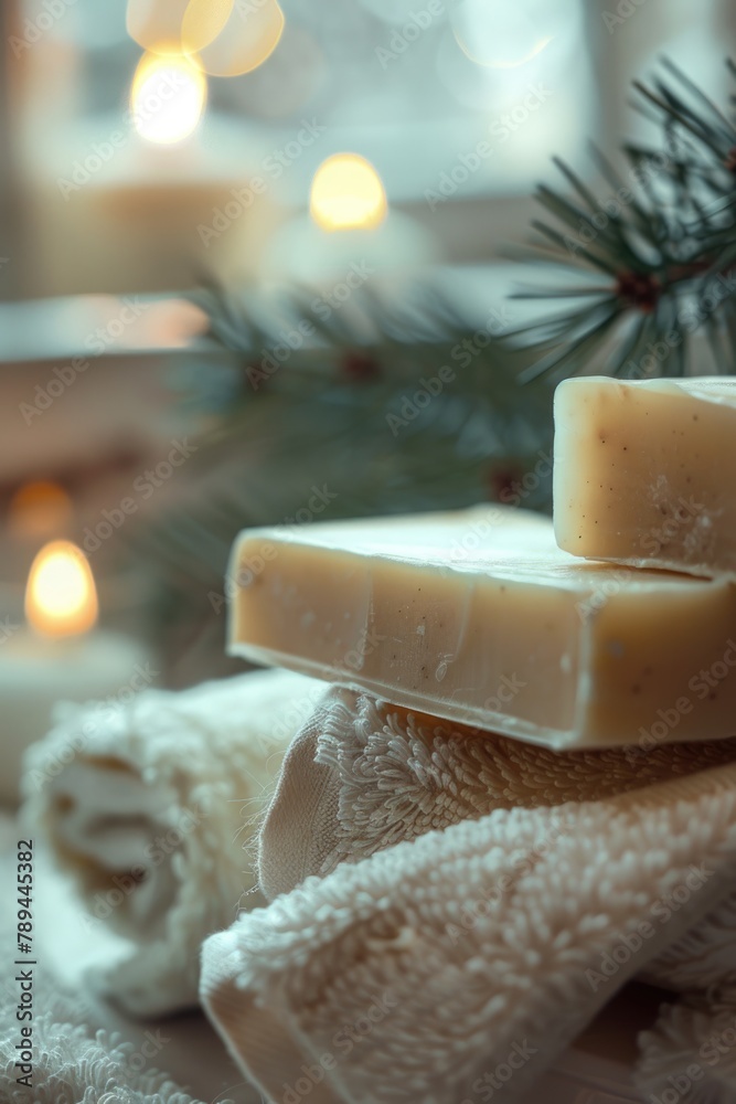 Poster Stack of soap bars on top of a towel, suitable for hygiene and spa concepts