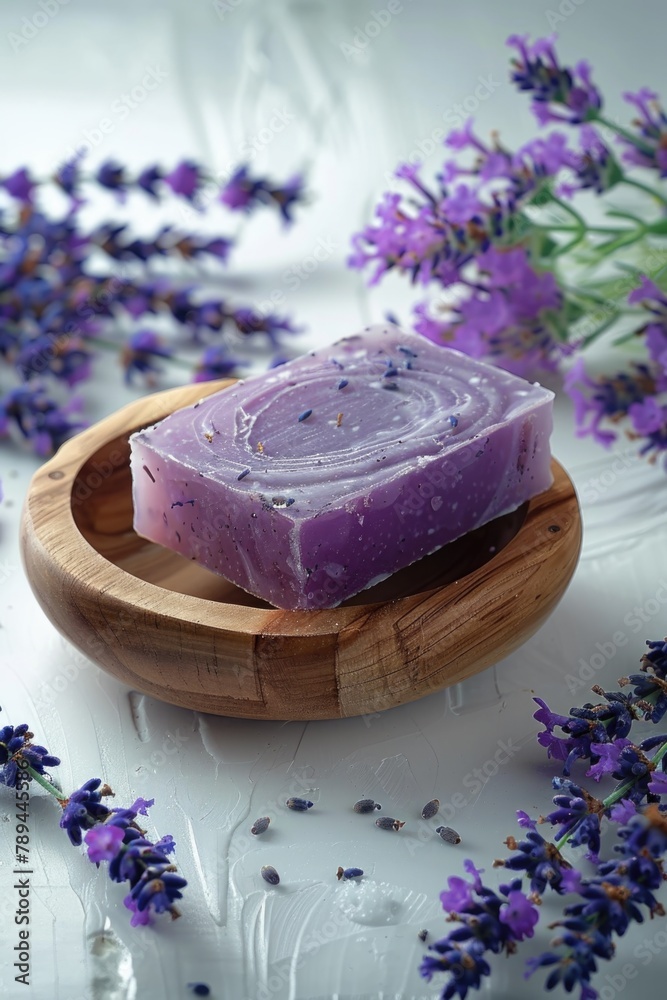Poster a soap bar placed on a rustic wooden bowl. perfect for hygiene or spa concepts
