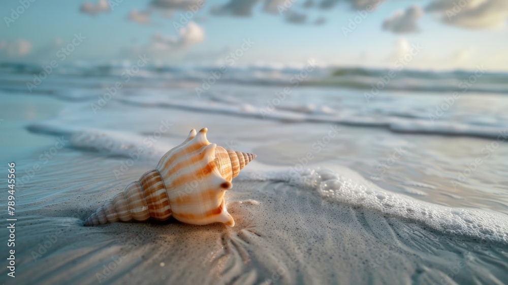 Poster shell on sandy beach with waves rolling in. suitable for beach-themed designs