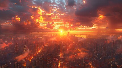 A wide-angle, hyperrealistic view of a bustling city skyline at sunset, with warm hues of orange and gold reflecting off glass skyscrapers.