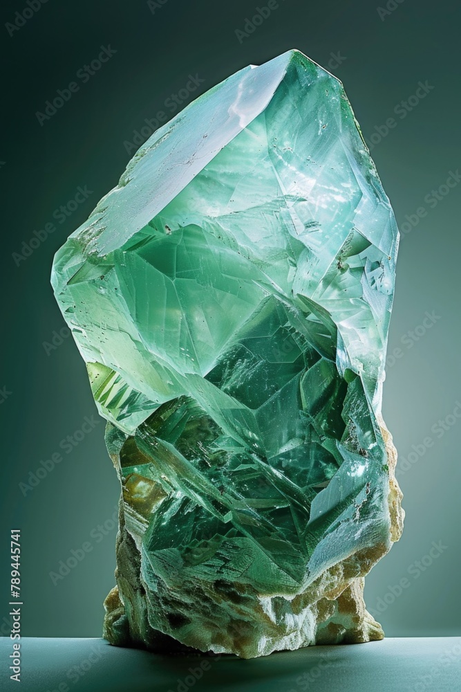 Poster a large green rock placed on a table, suitable for various concepts and designs