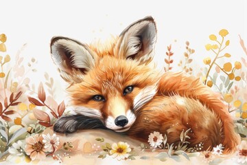 Naklejka premium A fox laying peacefully in a field of colorful flowers. Suitable for nature and wildlife concepts