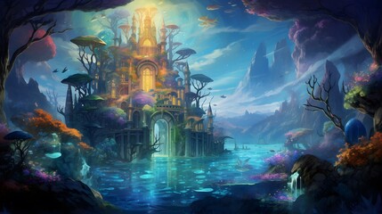 Beautiful fantasy landscape with a fantasy castle in the water. Digital painting.