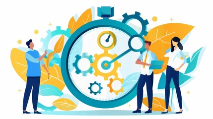 A modern illustration of a testing process business concept. In the illustration, an employee is looking for a solution to the problem. The employee rotates the handle of the mechanism and evaluates - obrazy, fototapety, plakaty