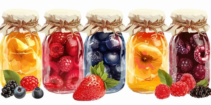 Various types of fruit displayed in jars. Ideal for food and nutrition concepts