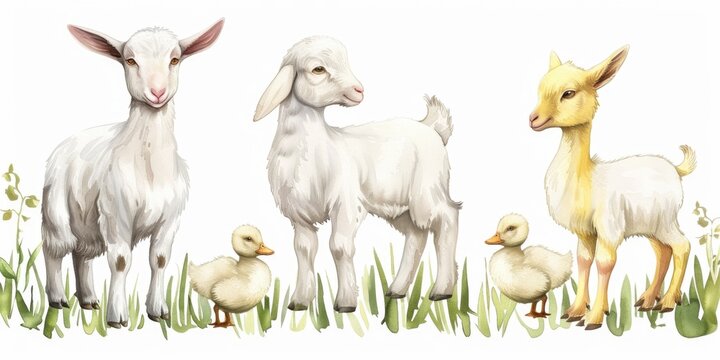 A group of goats and ducks grazing peacefully in a field. Suitable for farm life concept