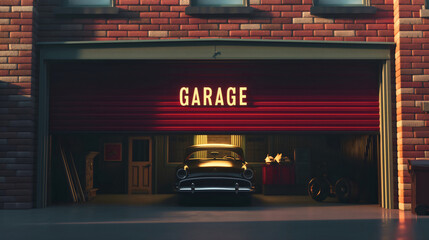 Morning sunshine upon the open red garage door with vintage retro classic car inside. Workshop building exterior, brick wall on city house or home