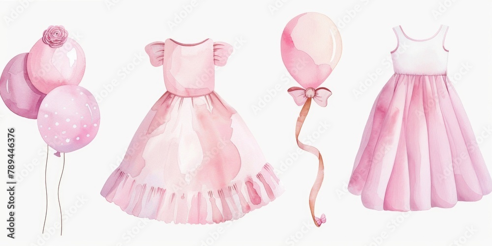 Poster a collection of colorful watercolor dresses and balloons. ideal for fashion design projects and part