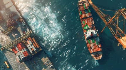 Aerial view of a large container warehouse ship leaving the warehouse port with a large crane. - obrazy, fototapety, plakaty