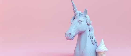 This is a concrete unicorn statue with an ice cream horn on a pastel pink background. A creative idea. A minimalist concept. A 3-D rendering.