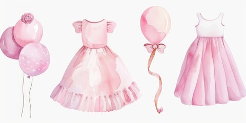 A collection of colorful watercolor dresses and balloons. Ideal for fashion design projects and party invitations