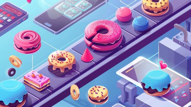 Typical cloud computing technology, server cookies, isometric concept modern illustration. Mobile phone, tablet and conveyor belt with cookies. Modern web spy technology using browsers.