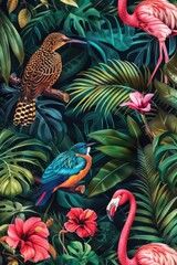 Obraz premium Colorful tropical birds flock in lush jungle. Perfect for nature-themed designs