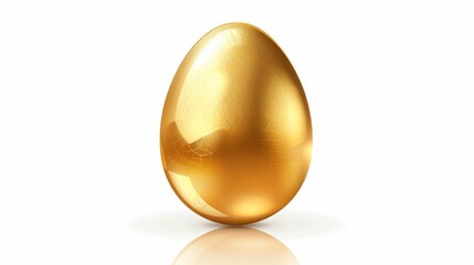 The perfect Easter gift. Shining gold metal egg on white background with shadow and reflection.