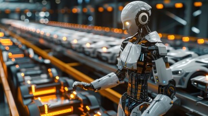 An AI robot stands and inspects the assembly of car batteries, industrial robotic arm tools on an industrial factory conveyor belt.