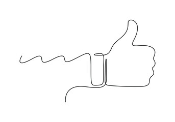 One continuous line drawing of like hand showing thumb up. Isolated on white background vector illustration 