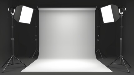 A realistic modern illustration of an empty photo studio interior with white blank background. The photo equipment is isolated on a transparent background.