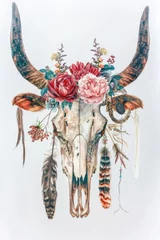 Afwasbaar Fotobehang Boho A unique painting of a bull skull adorned with feathers and flowers. Perfect for western-themed designs or artistic projects