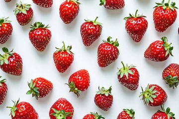 Raamstickers Fresh strawberries arranged in a pattern on white background with one strawberry in center © SHOTPRIME STUDIO