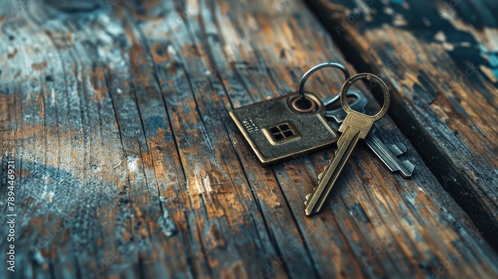 Poster a couple of keys resting on a wooden table, perfect for various concepts and designs