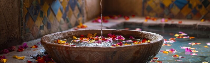 Bowl of water with flowers in it. Hammam background. Banner