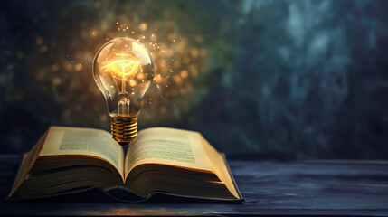 Light bulb glowing on top of open book. Study and learn information, researching intelligence for...