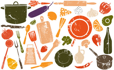 Healthy Food and Kitchen Utensils  Set. Cooking art. Grunge colorful icons collection isolated on white background. Vector culinary  illustration.