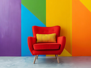 red and yellow armchair on colorful wall