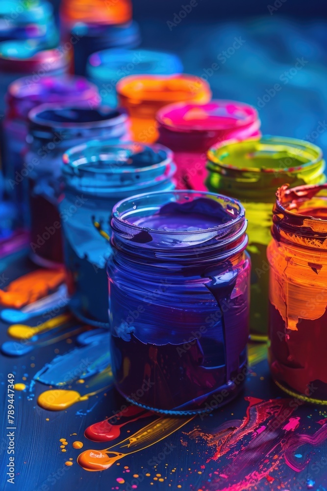 Poster row of paint cans on top of a table. perfect for home improvement projects