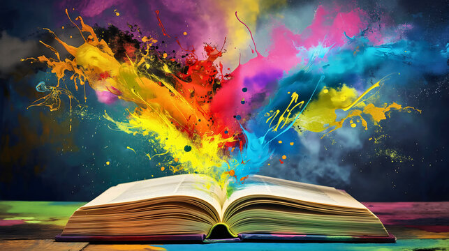 Illustration of a colorful splash flying from open book. Abstract knowledge and science encyclopedia, inspiration background intelligent and creative thinking