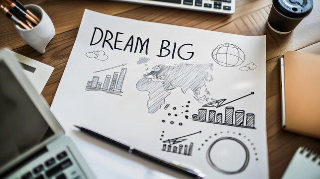 Text dream big written on paper on office table. Inspirational or motivational message phrase. Short conceptual quote symbolizing attitude of overcoming, career financial progress inspiration