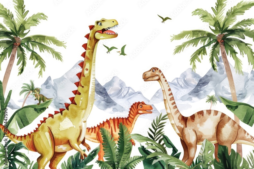 Poster group of dinosaurs moving in lush jungle setting. suitable for educational materials