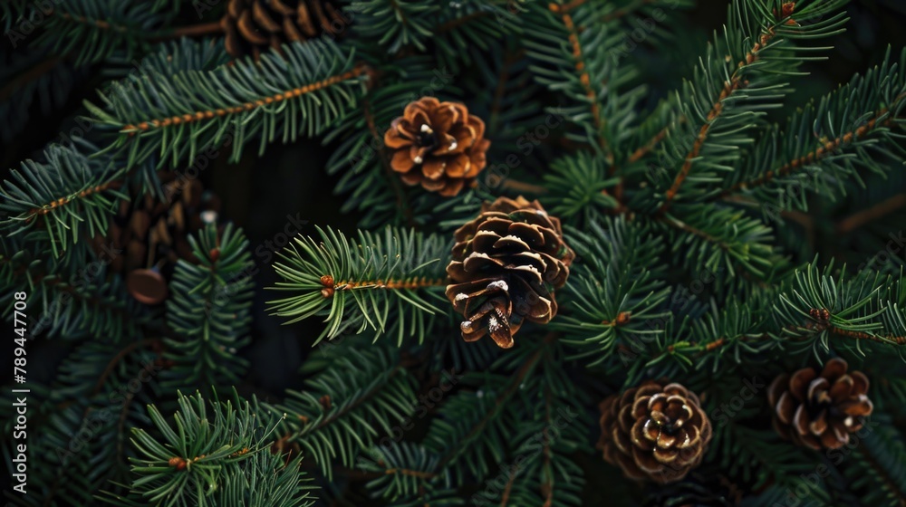 Poster close up of pine cones on a tree. suitable for nature and seasonal concepts